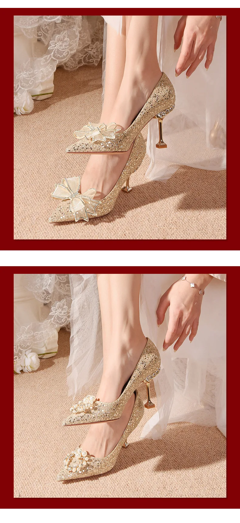 Sequins Bow Tie Stiletto Heels Wedding Pumps Shoes