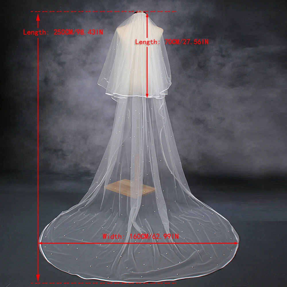 Pearls Beaded Ribbon Edge 2 Tier Long Cathedral Wedding Veil With Comb