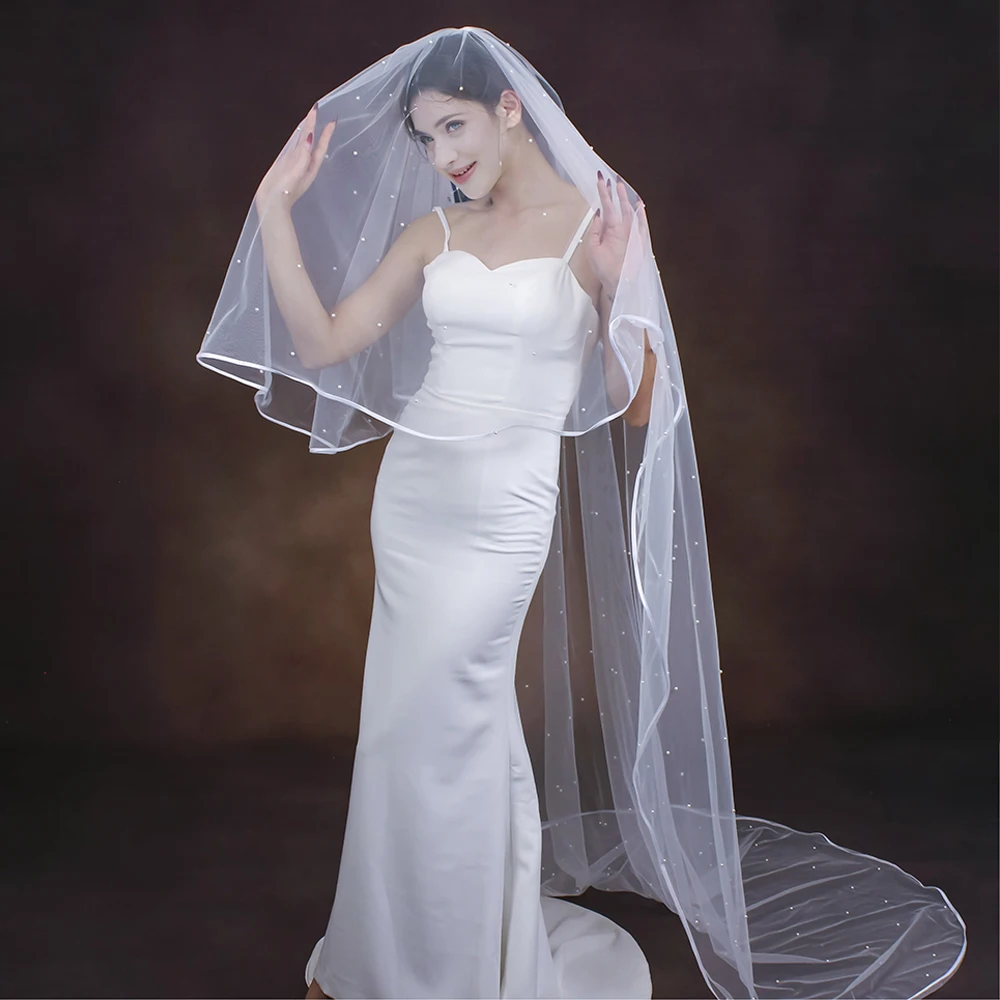 Pearls Beaded Ribbon Edge 2 Tier Long Cathedral Wedding Veil With Comb