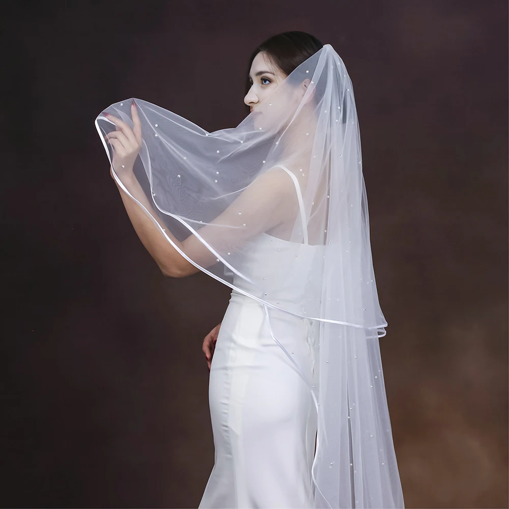 Pearls Beaded Ribbon Edge 2 Tier Long Cathedral Wedding Veil With Comb