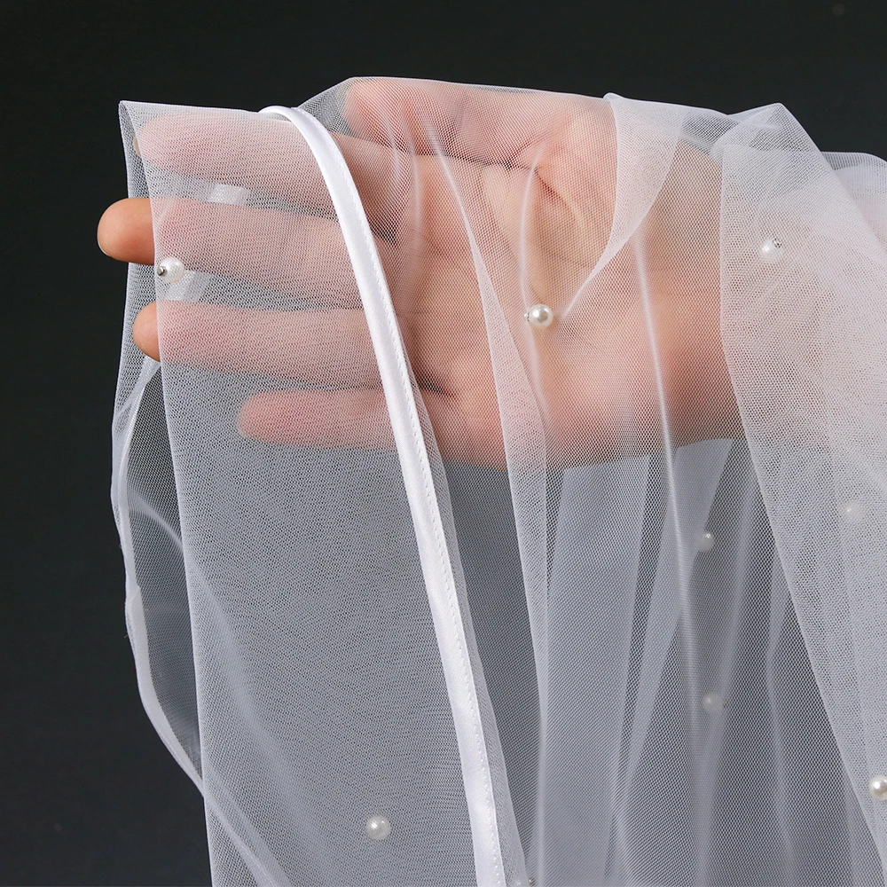 Pearls Beaded Ribbon Edge 2 Tier Long Cathedral Wedding Veil With Comb