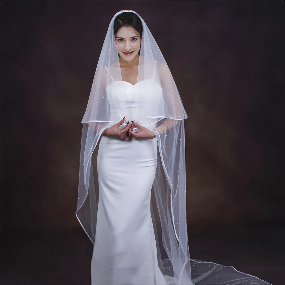 Pearls Beaded Ribbon Edge 2 Tier Long Cathedral Wedding Veil With Comb