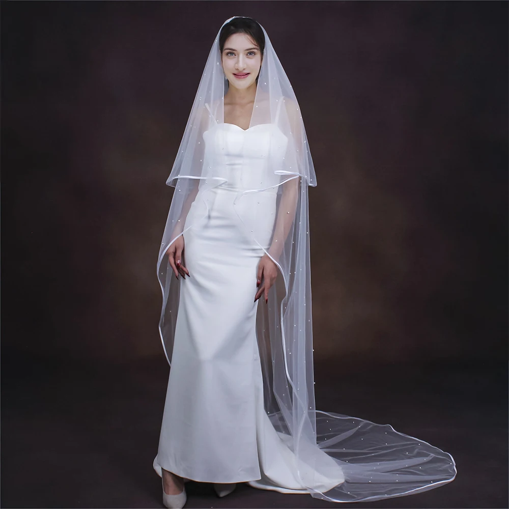 Pearls Beaded Ribbon Edge 2 Tier Long Cathedral Wedding Veil With Comb