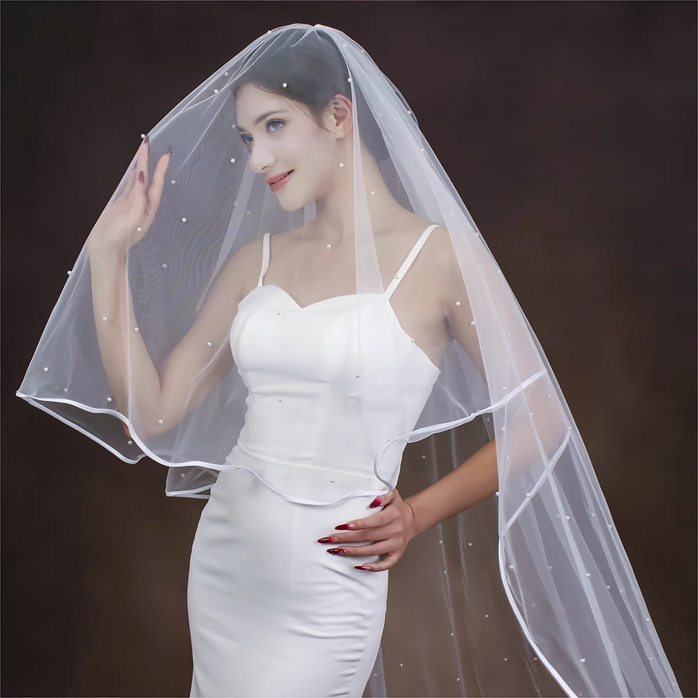 Pearls Beaded Ribbon Edge 2 Tier Long Cathedral Wedding Veil With Comb