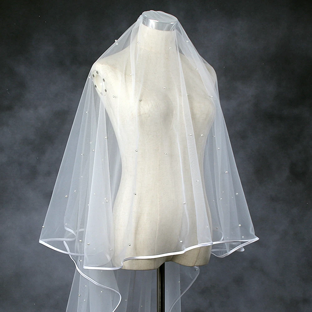 Pearls Beaded Ribbon Edge 2 Tier Long Cathedral Wedding Veil With Comb