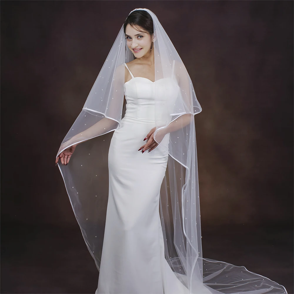 Pearls Beaded Ribbon Edge 2 Tier Long Cathedral Wedding Veil With Comb