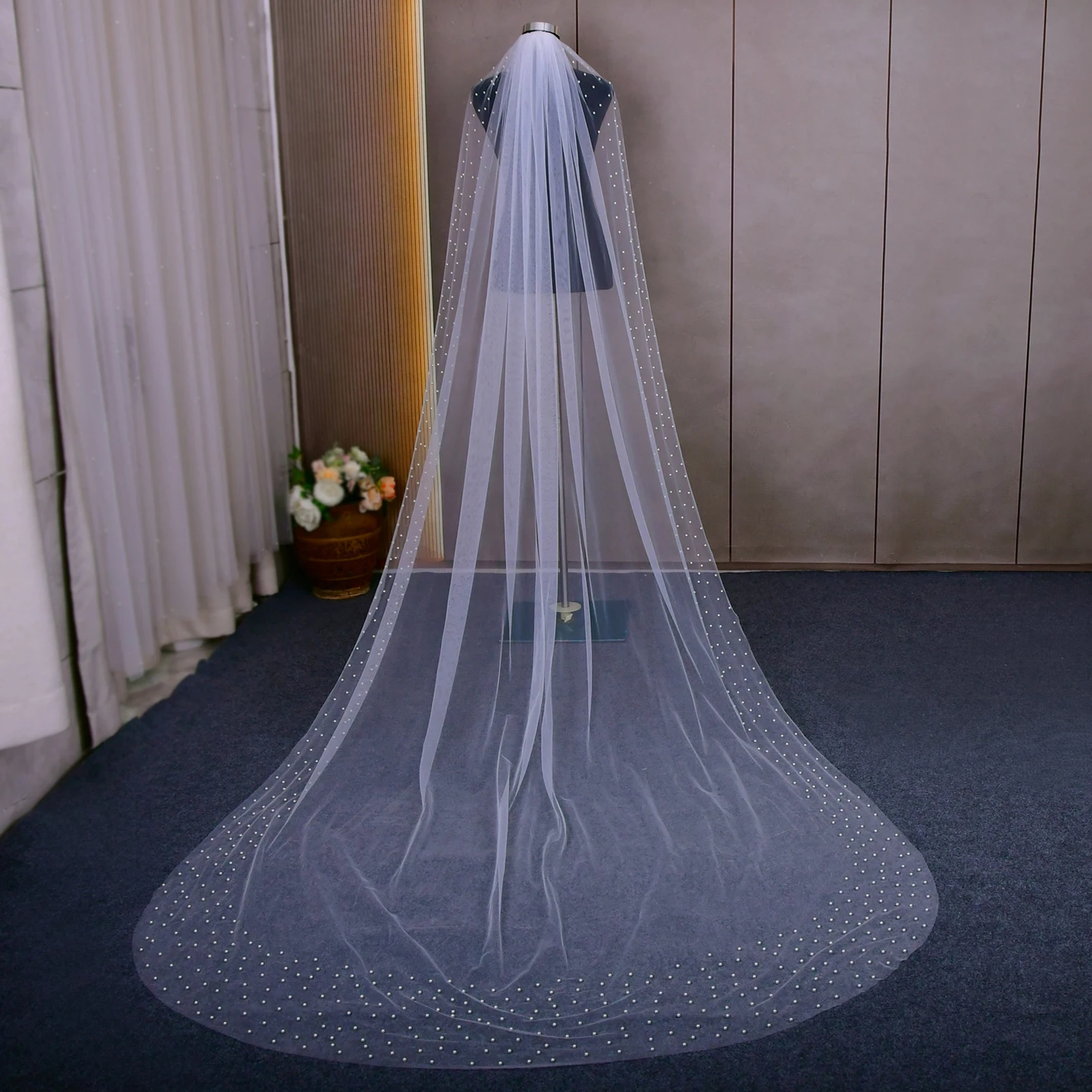 Soft Tulle Beaded Pearls Classic Cathedral 1 Tier Bridal Veil With Comb