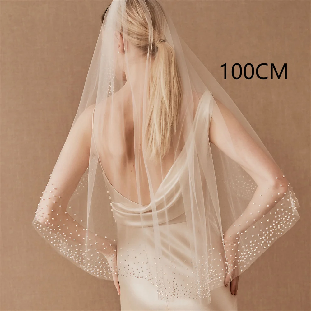 Soft Tulle Beaded Pearls Classic Cathedral 1 Tier Bridal Veil With Comb