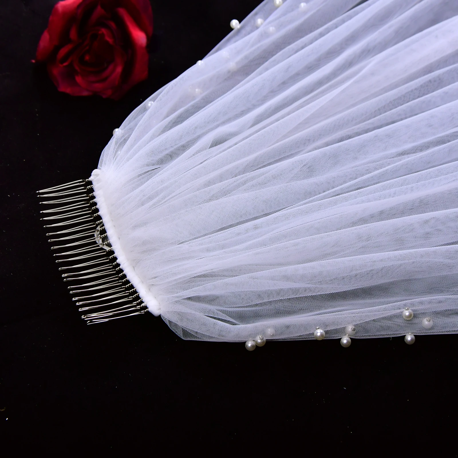 Soft Tulle Beaded Pearls Classic Cathedral 1 Tier Bridal Veil With Comb