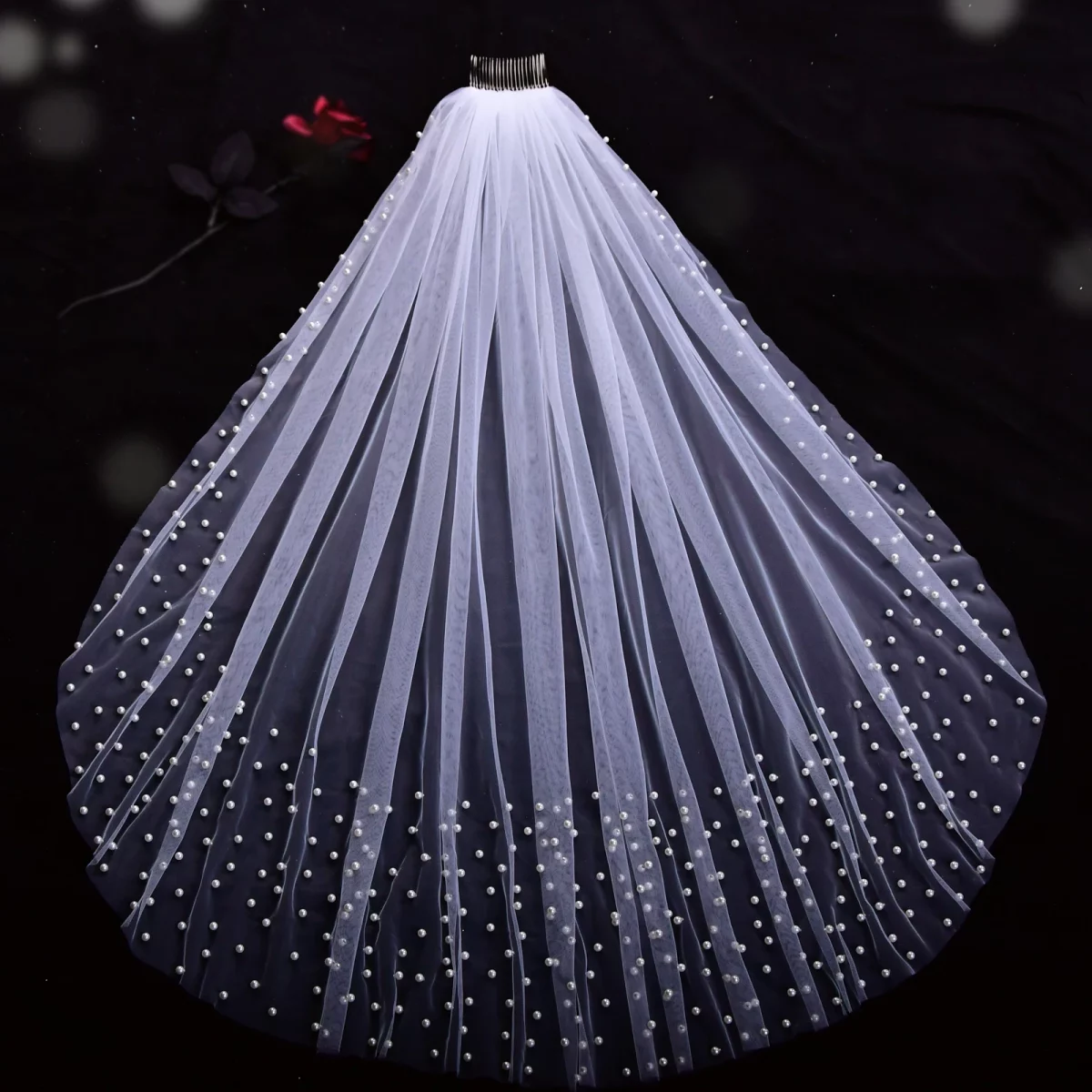 Soft Tulle Beaded Pearls Classic Cathedral 1 Tier Bridal Veil With Comb