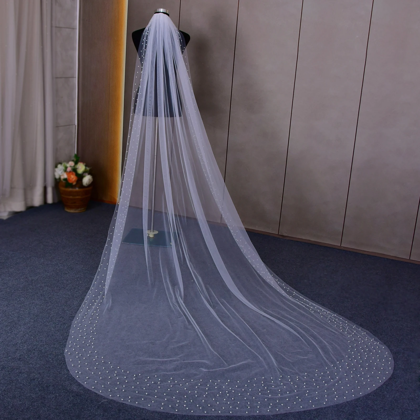 Soft Tulle Beaded Pearls Classic Cathedral 1 Tier Bridal Veil With Comb