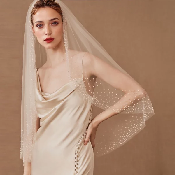 Soft Tulle Beaded Pearls Classic Cathedral 1 Tier Bridal Veil With Comb