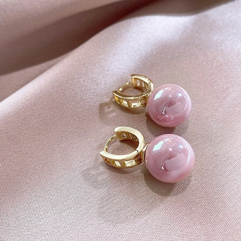 White/Pink Round Pearl Earrings Wedding Jewelry