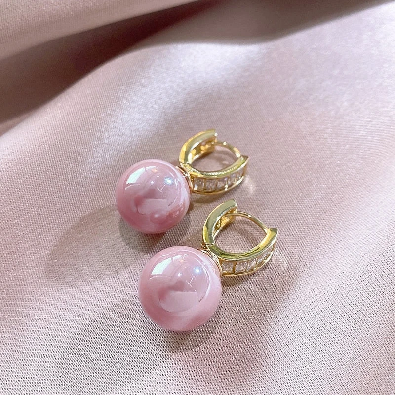 White/Pink Round Pearl Earrings Wedding Jewelry