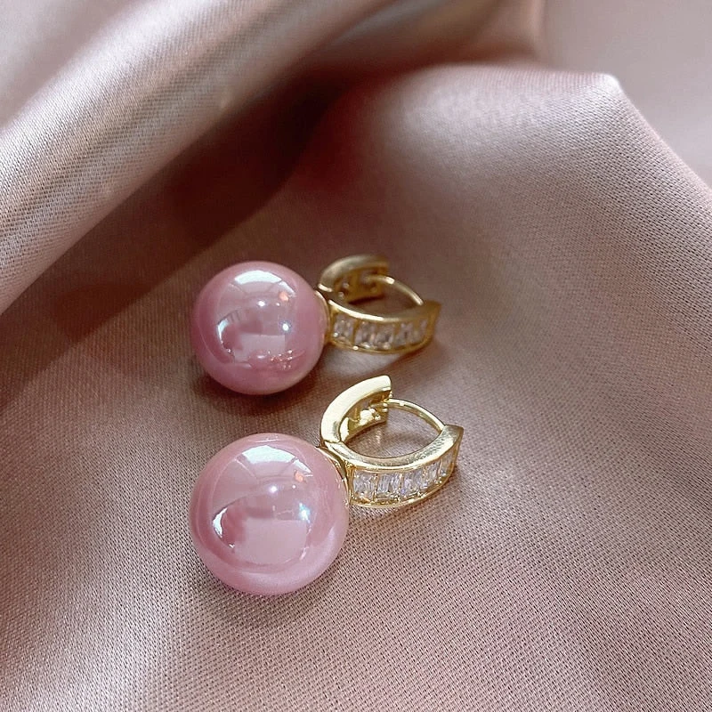 White/Pink Round Pearl Earrings Wedding Jewelry