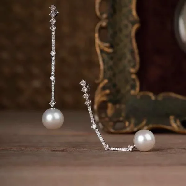 Long Pearl Zircon Dangle Earrings Silver Wedding Jewelry