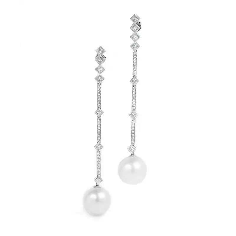 Long Pearl Zircon Dangle Earrings Silver Wedding Jewelry