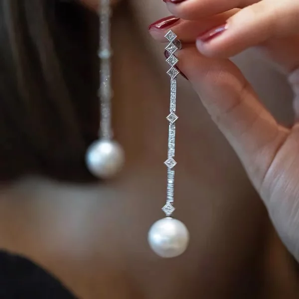 Long Pearl Zircon Dangle Earrings Silver Wedding Jewelry
