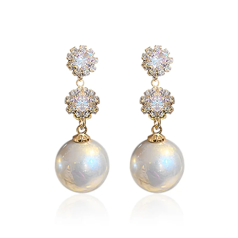 Stylish Brilliant Zirconia Pearl Drop Earrings Bridal Wedding Jewelry