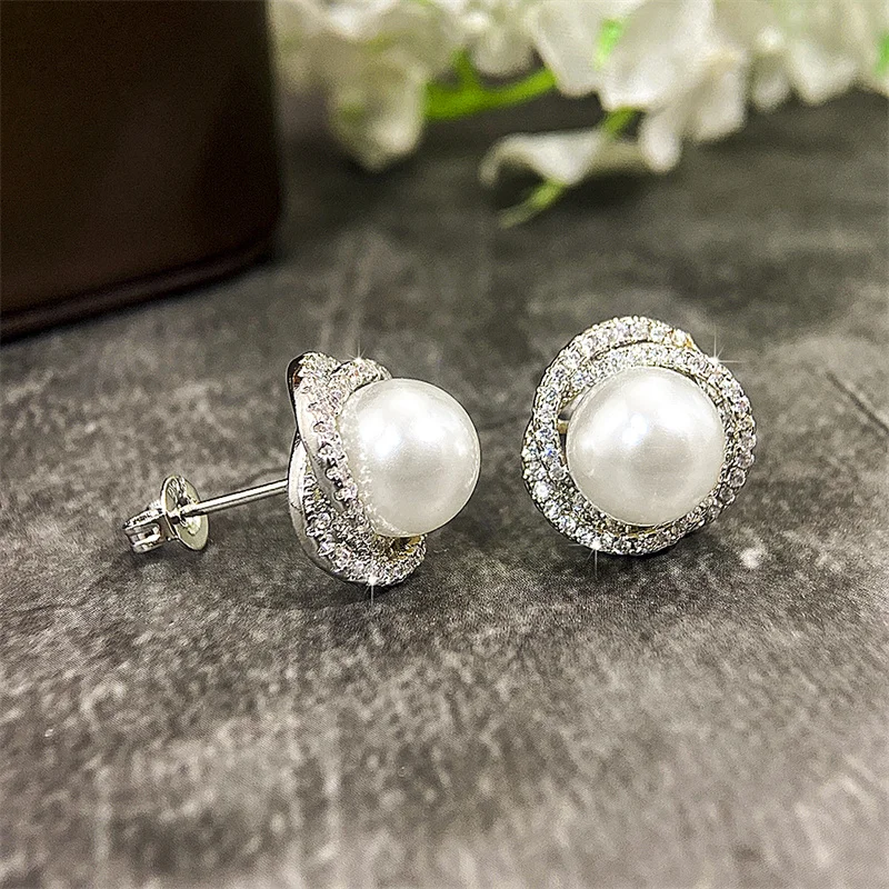 Shiny Pearl Stud Earrings Wedding Party Jewelry