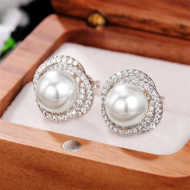 Shiny Pearl Stud Earrings Wedding Party Jewelry