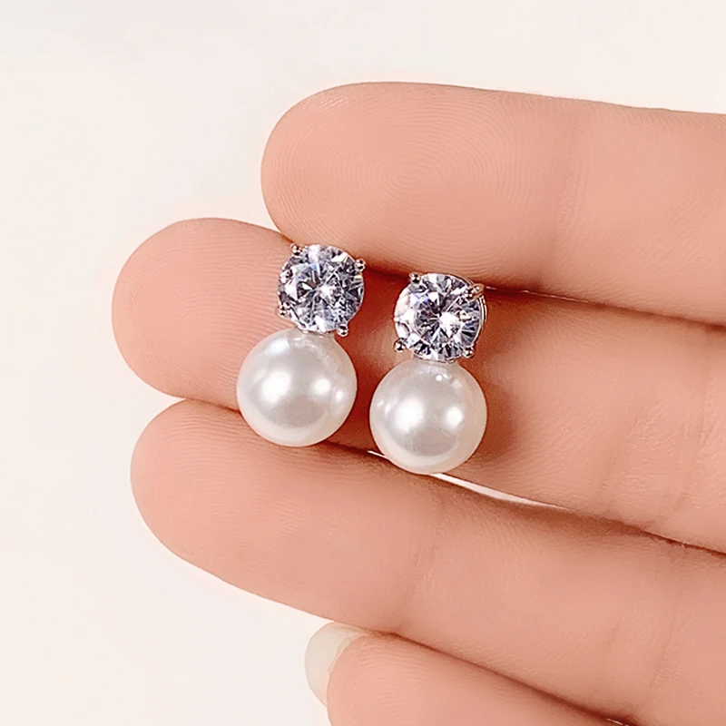 Pearl Earrings With Bright Crystal Wedding Jewelry