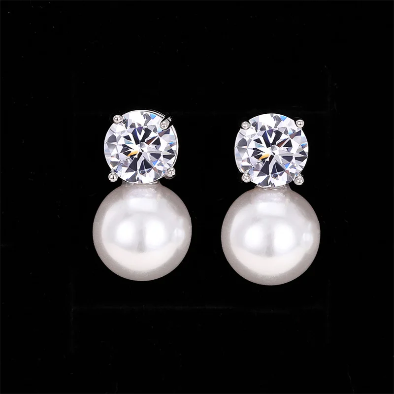 Pearl Earrings With Bright Crystal Wedding Jewelry