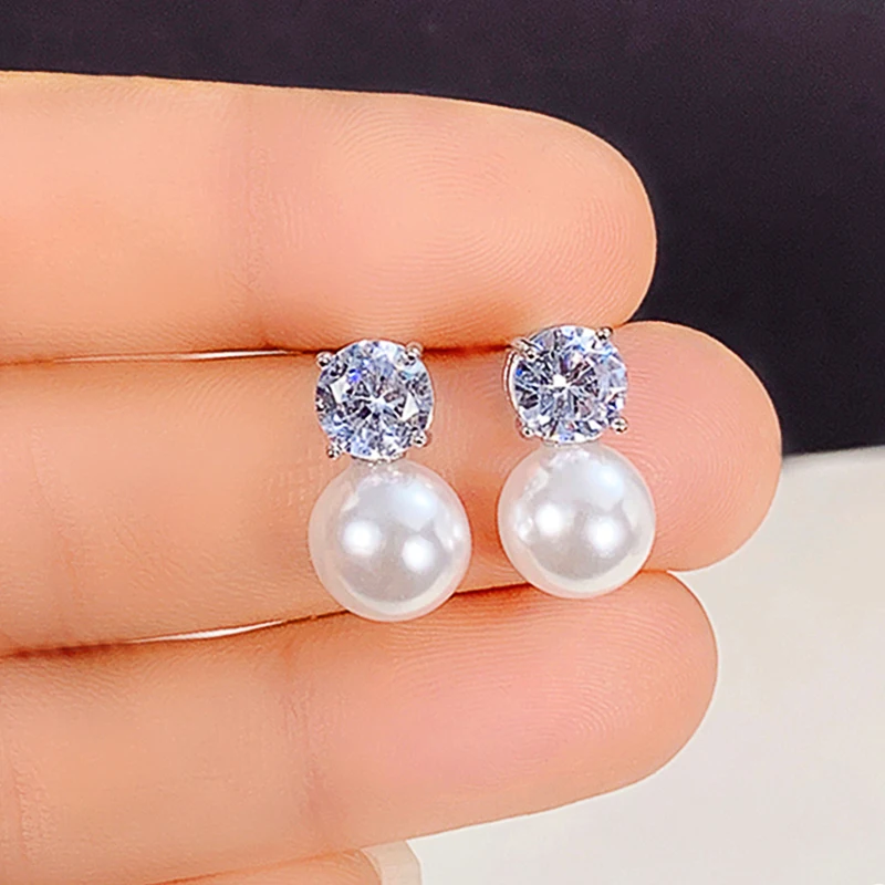 Pearl Earrings With Bright Crystal Wedding Jewelry