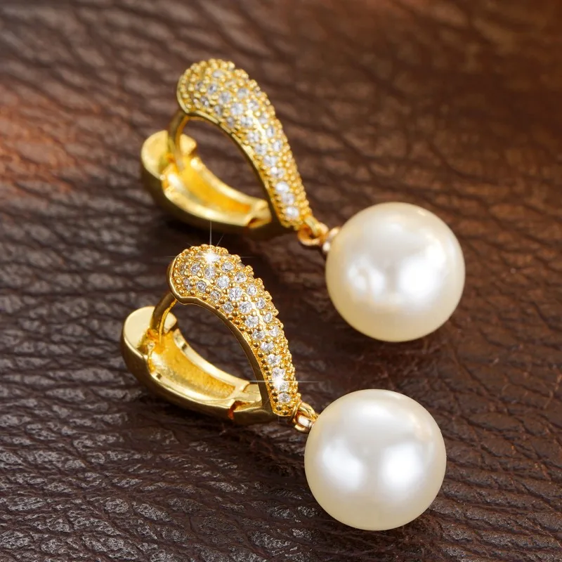 Pearl Gold Dangle Earrings Wedding Jewelry