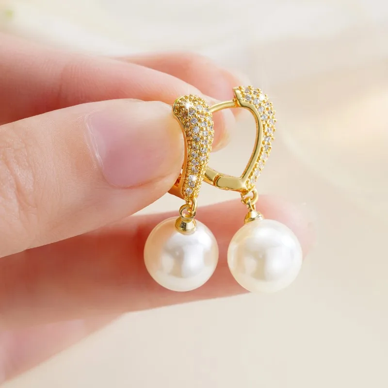 Pearl Gold Dangle Earrings Wedding Jewelry