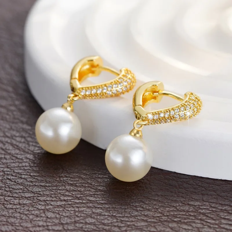 Pearl Gold Dangle Earrings Wedding Jewelry