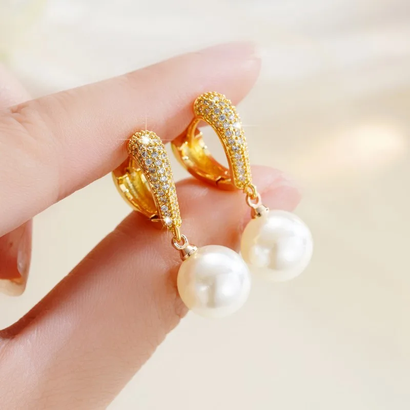 Pearl Gold Dangle Earrings Wedding Jewelry