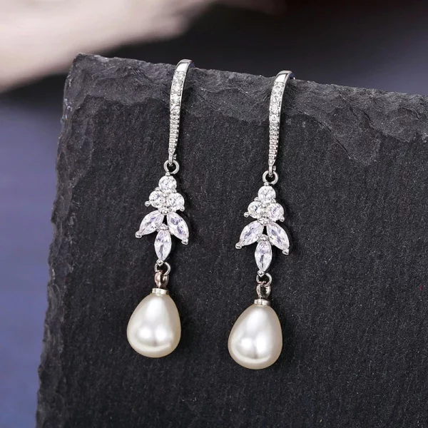 Pearl Sparkling Cubic Zirconia Earrings Wedding Jewelry