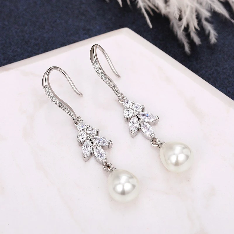 Pearl Sparkling Cubic Zirconia Earrings Wedding Jewelry