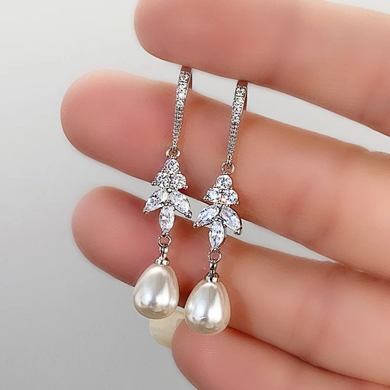 Pearl Sparkling Cubic Zirconia Earrings Wedding Jewelry