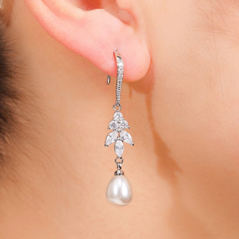 Pearl Sparkling Cubic Zirconia Earrings Wedding Jewelry