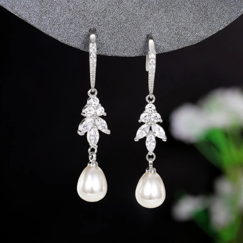 Pearl Sparkling Cubic Zirconia Earrings Wedding Jewelry