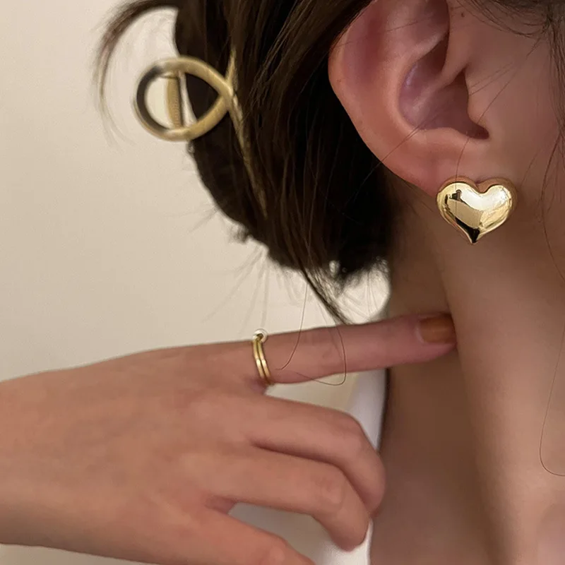 Gold Color Smooth Surface Love Heart Shaped Stud Earrings Minimalist Wedding Bridal Jewelry