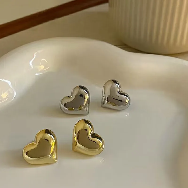 Gold Color Smooth Surface Love Heart Shaped Stud Earrings Minimalist Wedding Bridal Jewelry