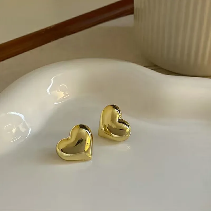 Gold Color Smooth Surface Love Heart Shaped Stud Earrings Minimalist Wedding Bridal Jewelry