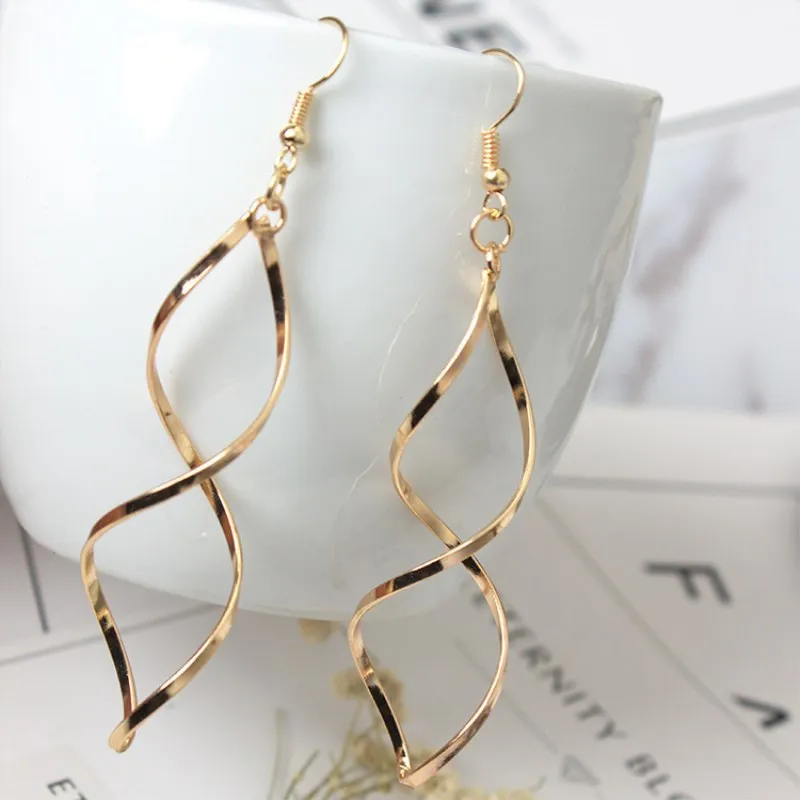 Simple Spiral Long Curved Wave Dangle Statement Drop Earrings Wedding Jewelry