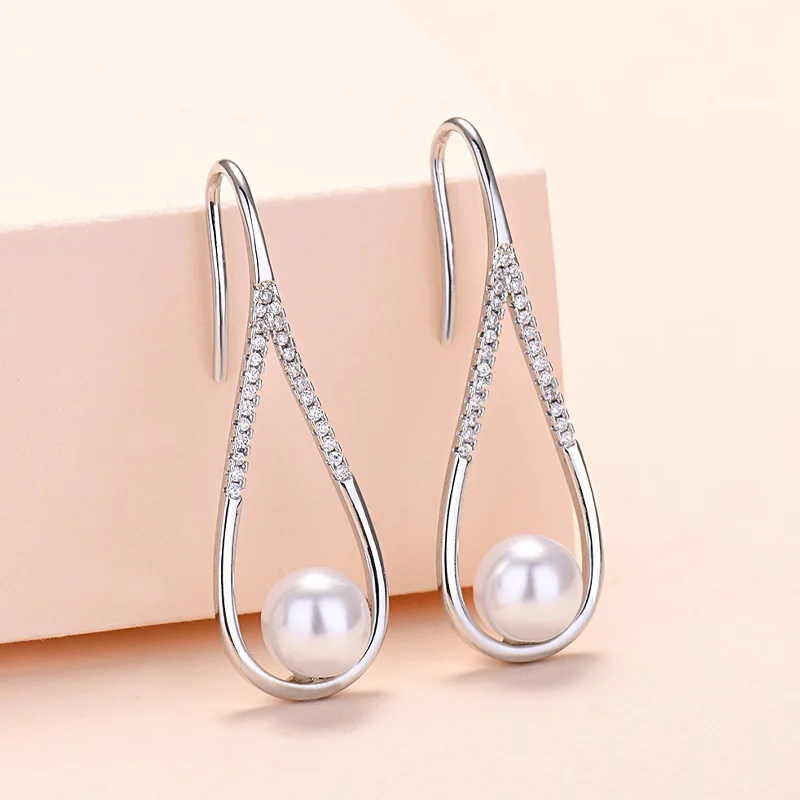 Pearl Geometric Zircon Crystal Drop Earrings Wedding Jewelry