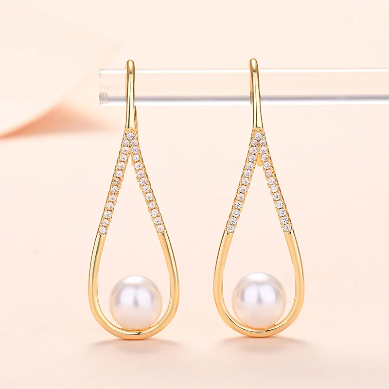 Pearl Geometric Zircon Crystal Drop Earrings Wedding Jewelry