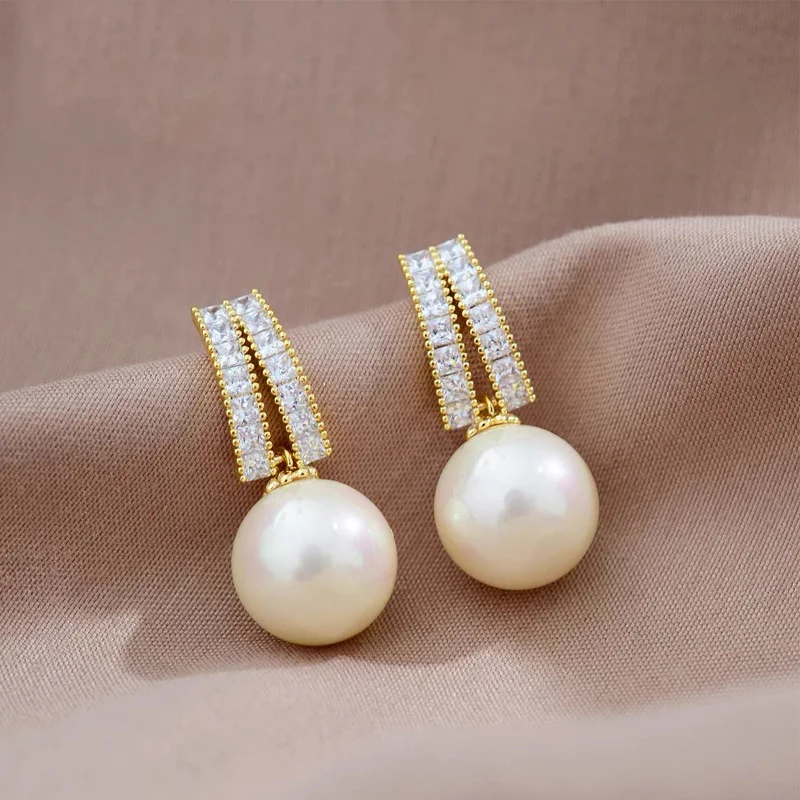 Pearl Geometric Zircon Crystal Drop Earrings Wedding Jewelry