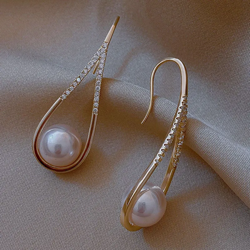 Pearl Geometric Zircon Crystal Drop Earrings Wedding Jewelry