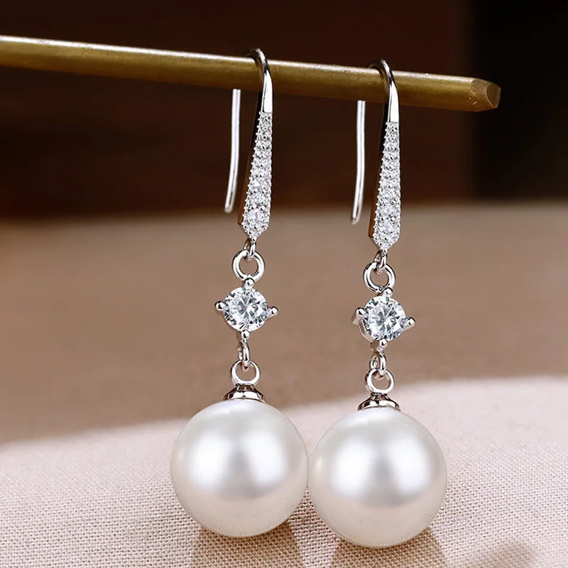 Zircon Pearl Dangle Earrings Bridal Engagement Wedding Party Jewelry