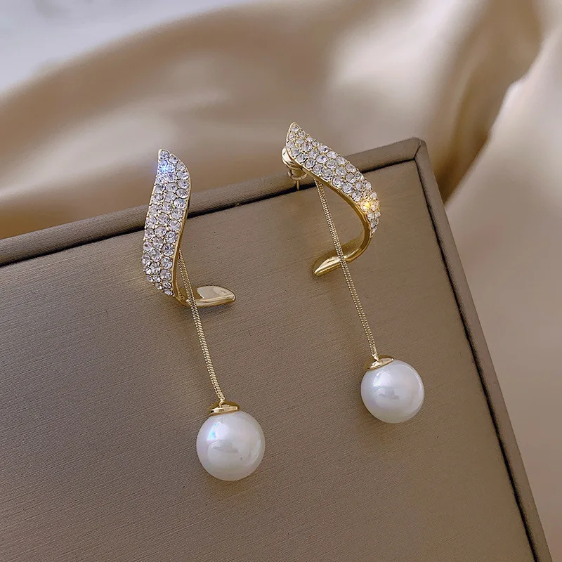 Elegant Pearl Crystal Long Tassel Drop Earrings Wedding Jewelry