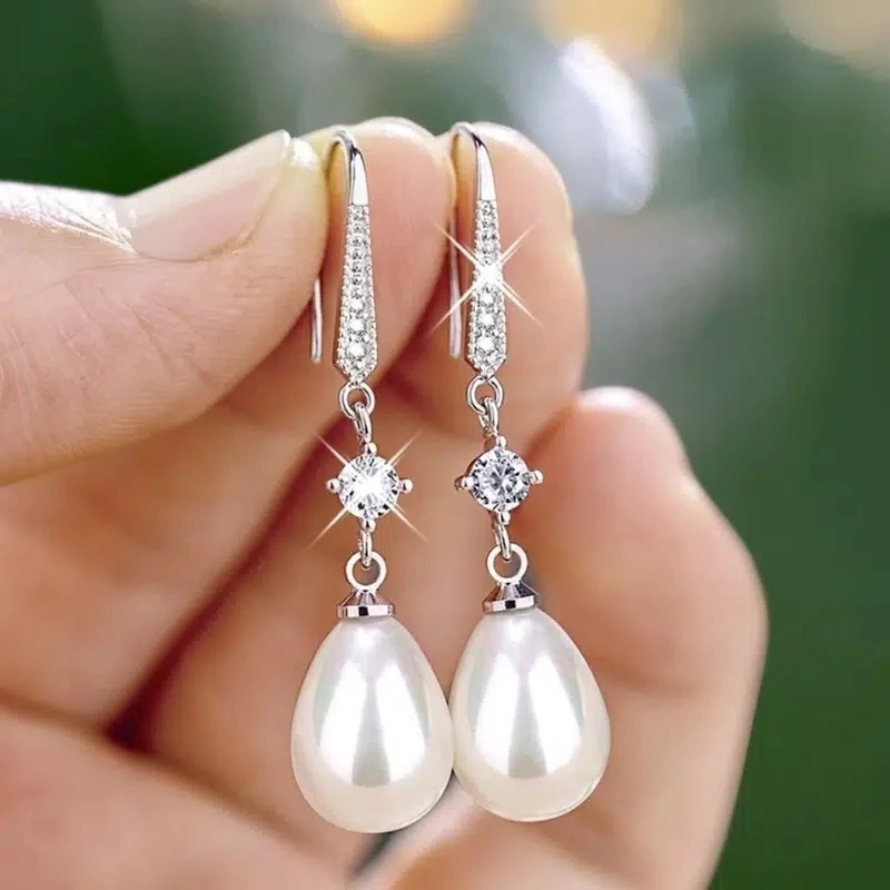 Water Drop Pearl Zircon Dangle Earrings Bridesmaid Wedding Jewelry