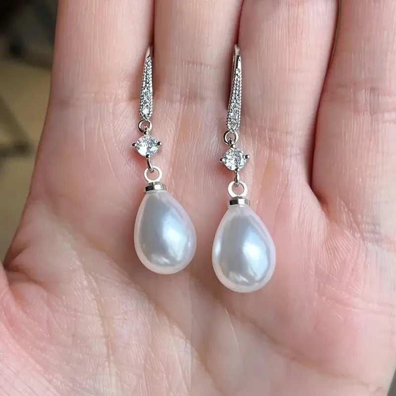 Water Drop Pearl Zircon Dangle Earrings Bridesmaid Wedding Jewelry