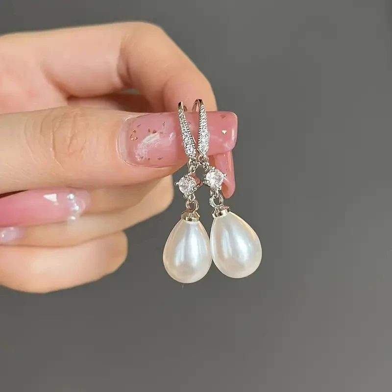 Water Drop Pearl Zircon Dangle Earrings Bridesmaid Wedding Jewelry